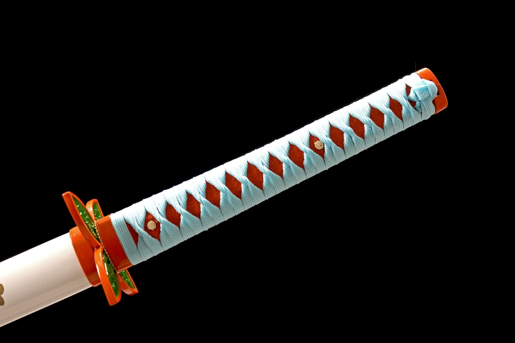 Katana handle with light-blue wrap and orange alloy fittings