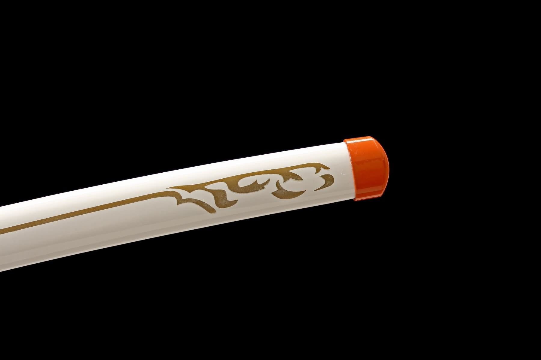 White katana scabbard with gold motif and orange end cap