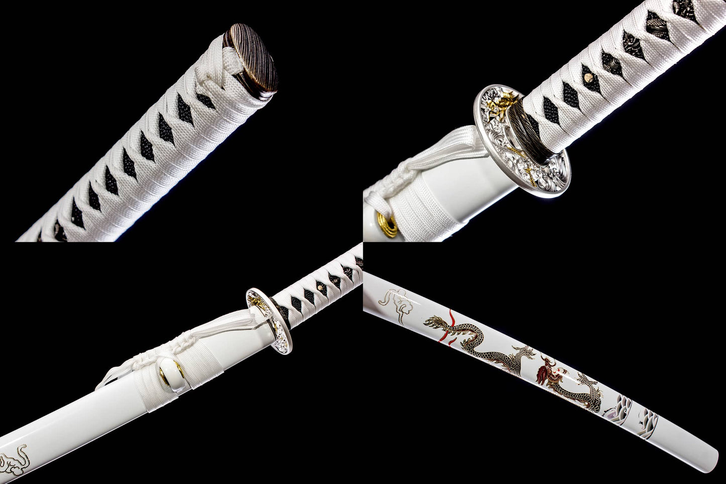 Kinryu “Gold Dragon” Katana – 40.6″ T10 Clay-Tempered Blade, White Lacquer Saya