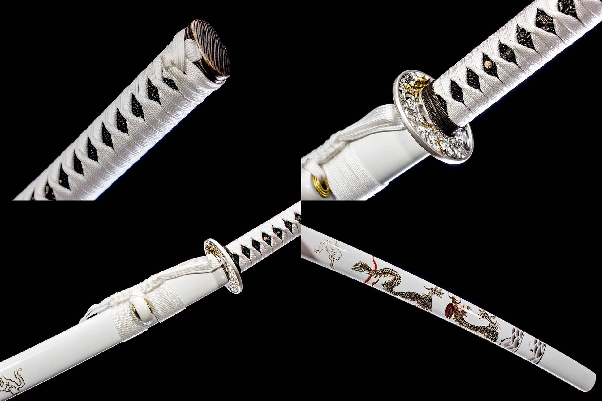 Kinryu “Gold Dragon” Katana – 40.6″ T10 Clay-Tempered Blade, White Lacquer Saya