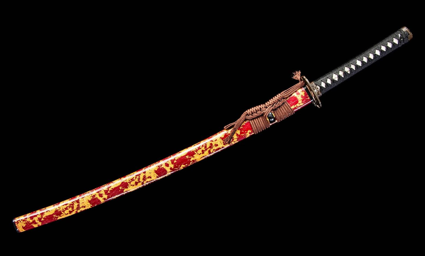 Wootz Steel Hamon Katana – 40.9″ with Red Speckled Lacquer Saya, Gilt Brass & Silver Fittings