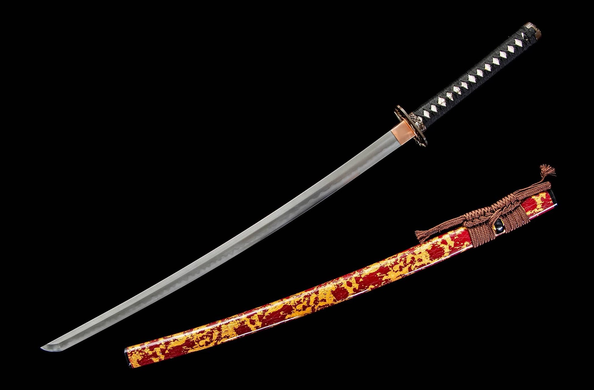 Wootz Steel Hamon Katana – 40.9″ with Red Speckled Lacquer Saya, Gilt Brass & Silver Fittings