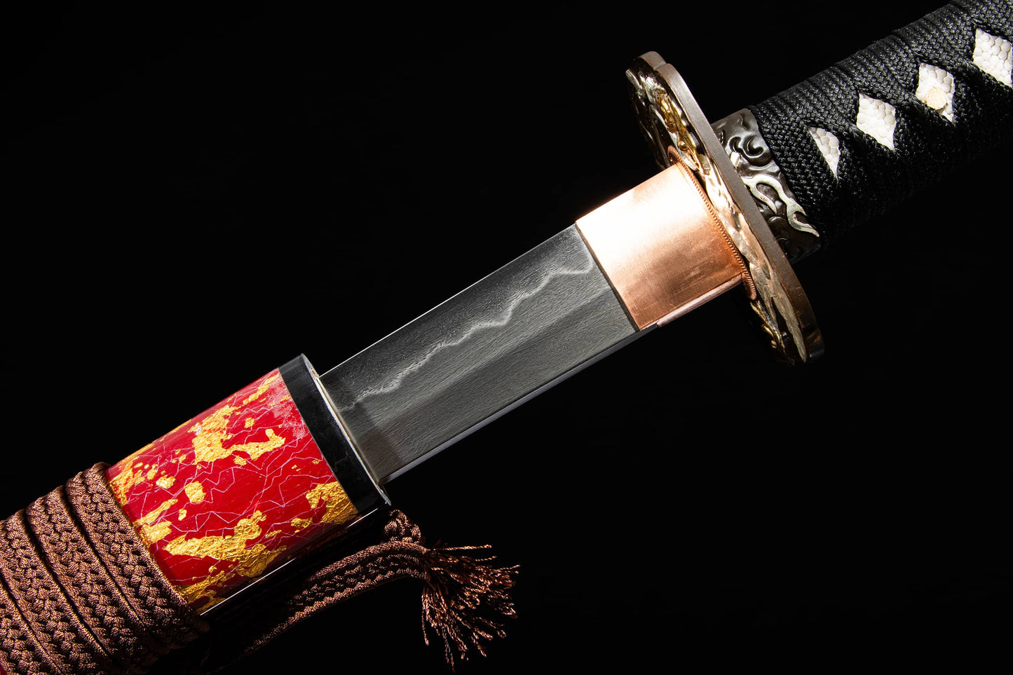 Wootz Steel Hamon Katana – 40.9″ with Red Speckled Lacquer Saya, Gilt Brass & Silver Fittings