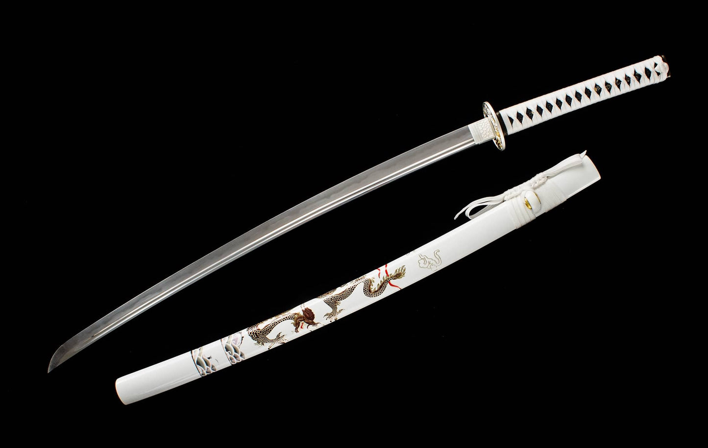 Kinryu “Gold Dragon” Katana – 40.6″ T10 Clay-Tempered Blade, White Lacquer Saya