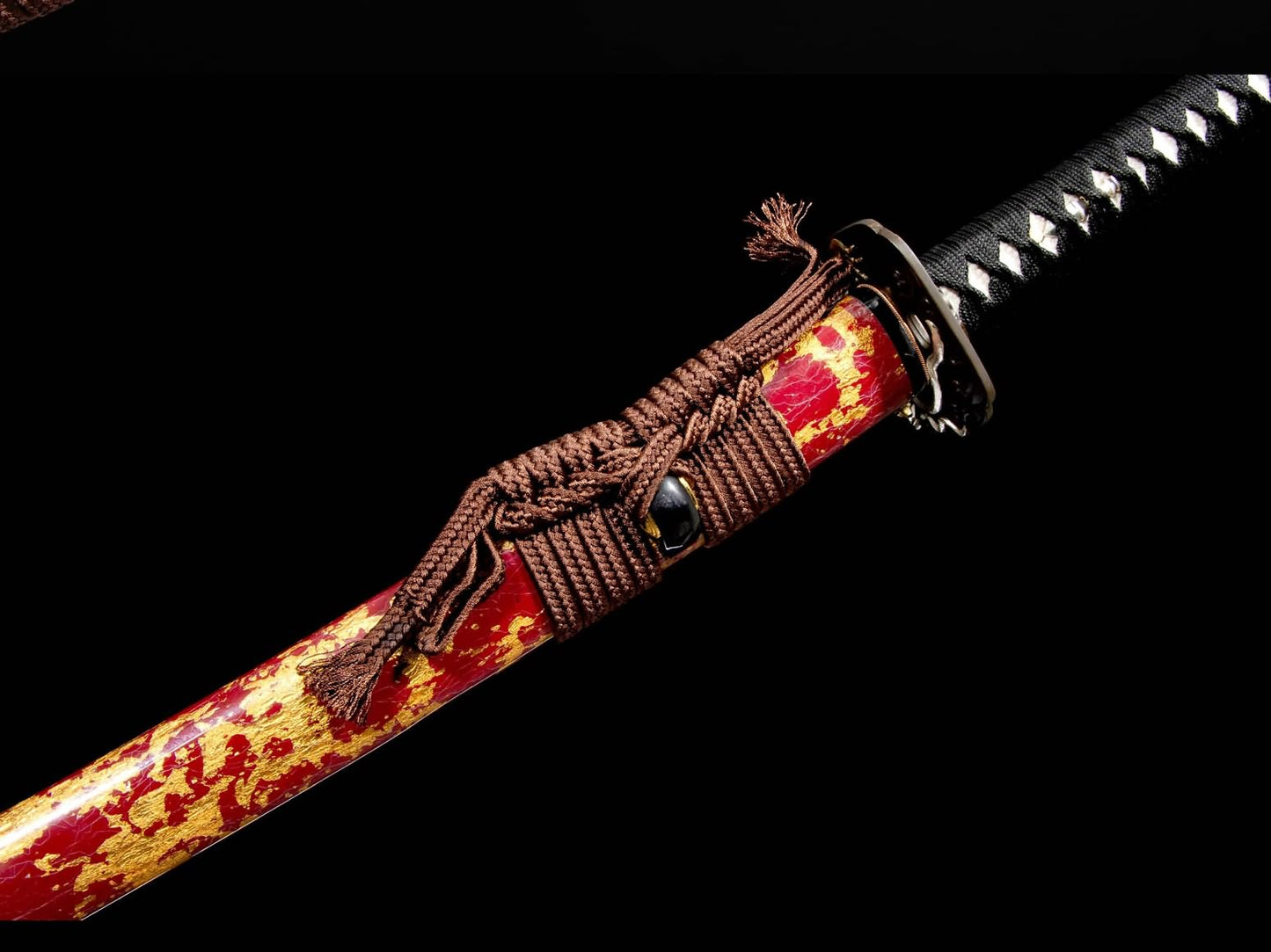 Wootz Steel Hamon Katana – 40.9″ with Red Speckled Lacquer Saya, Gilt Brass & Silver Fittings