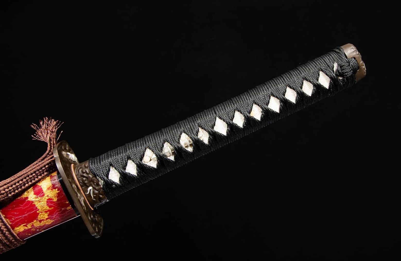 Wootz Steel Hamon Katana – 40.9″ with Red Speckled Lacquer Saya, Gilt Brass & Silver Fittings