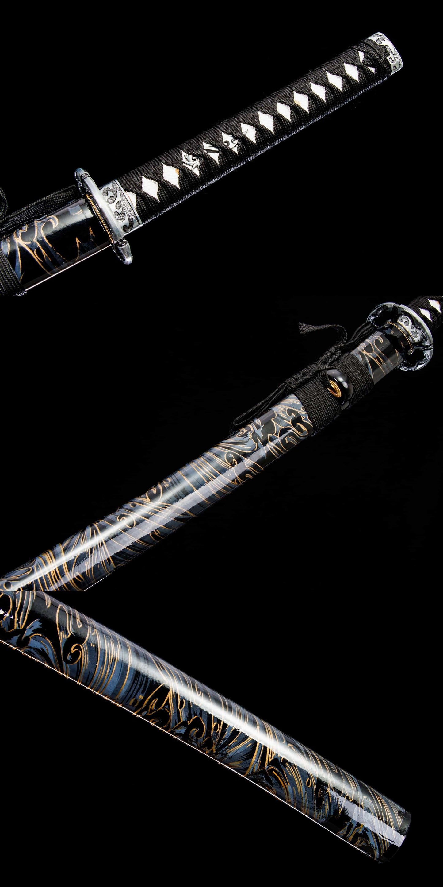 katana sword with lacquered wood saya on display stand