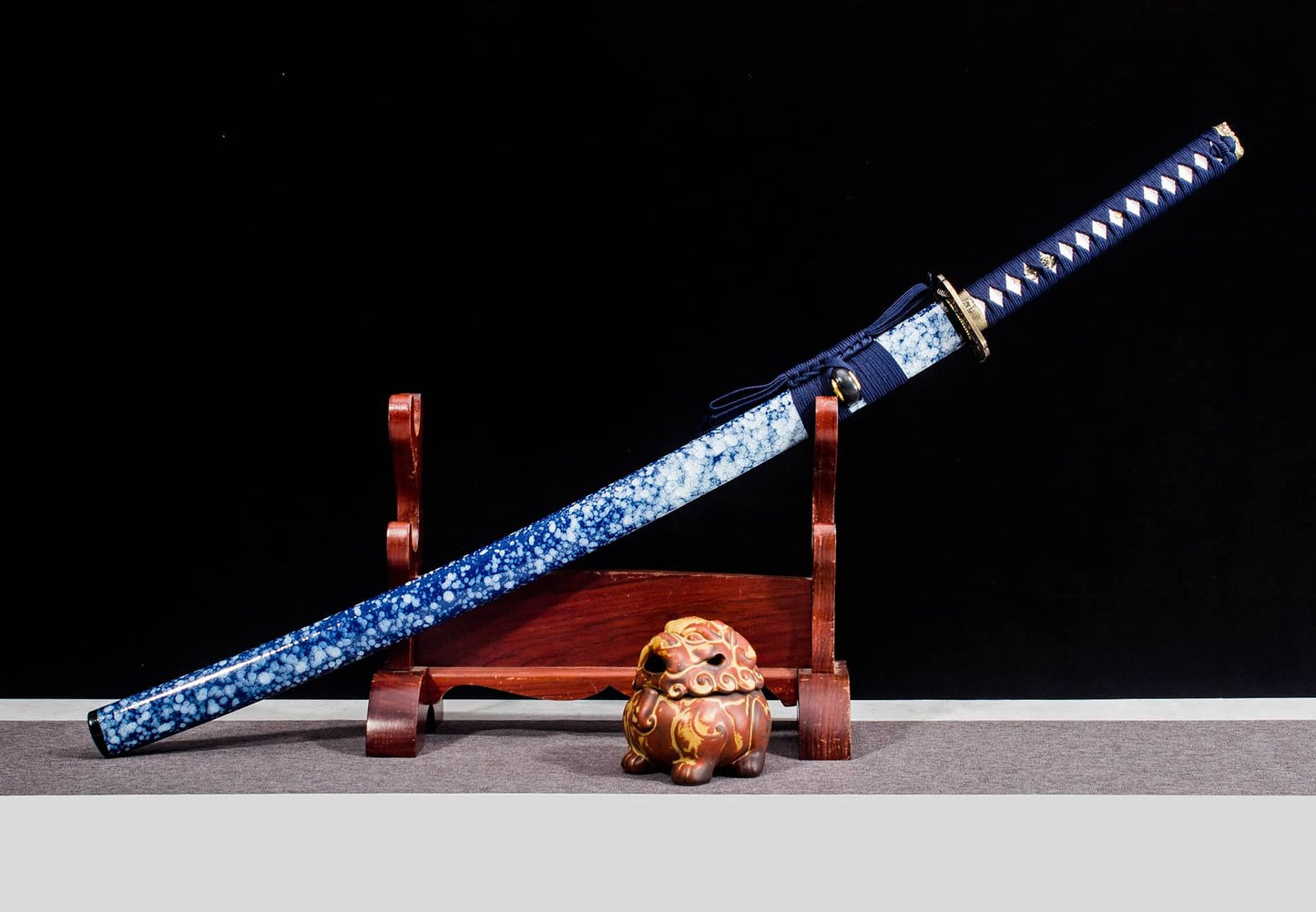 Blue Crackle-Lacquer Saya Katana – 41.1″ Manganese Steel, Indigo Cord Wrap