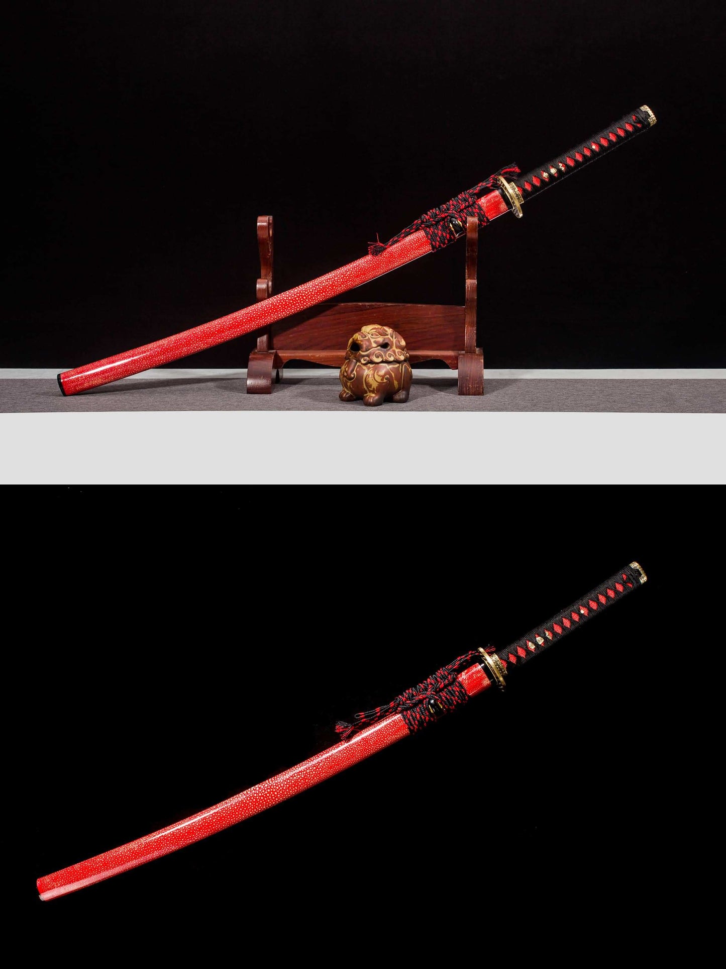 Kotesugiri Katana – 41.3″ Feather-Pattern Damascus, Brass Fittings & Faux Rayskin Saya