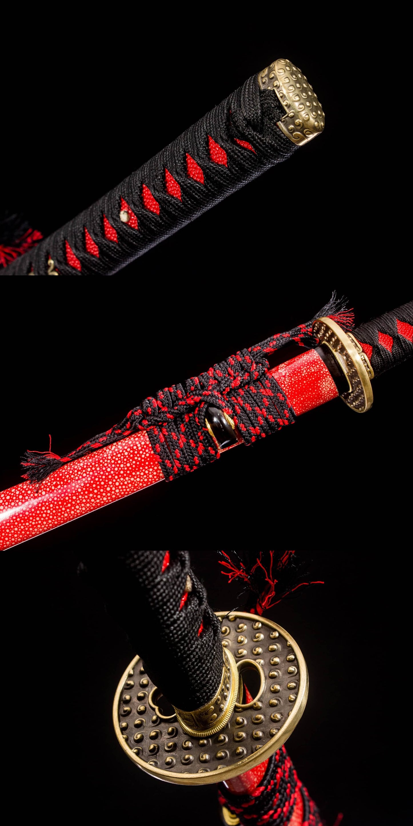 Kotesugiri Katana – 41.3″ Feather-Pattern Damascus, Brass Fittings & Faux Rayskin Saya