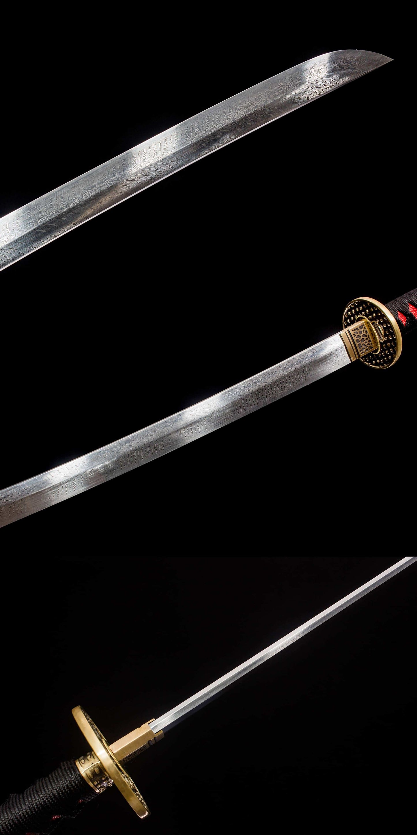 Kotesugiri Katana – 41.3″ Feather-Pattern Damascus, Brass Fittings & Faux Rayskin Saya