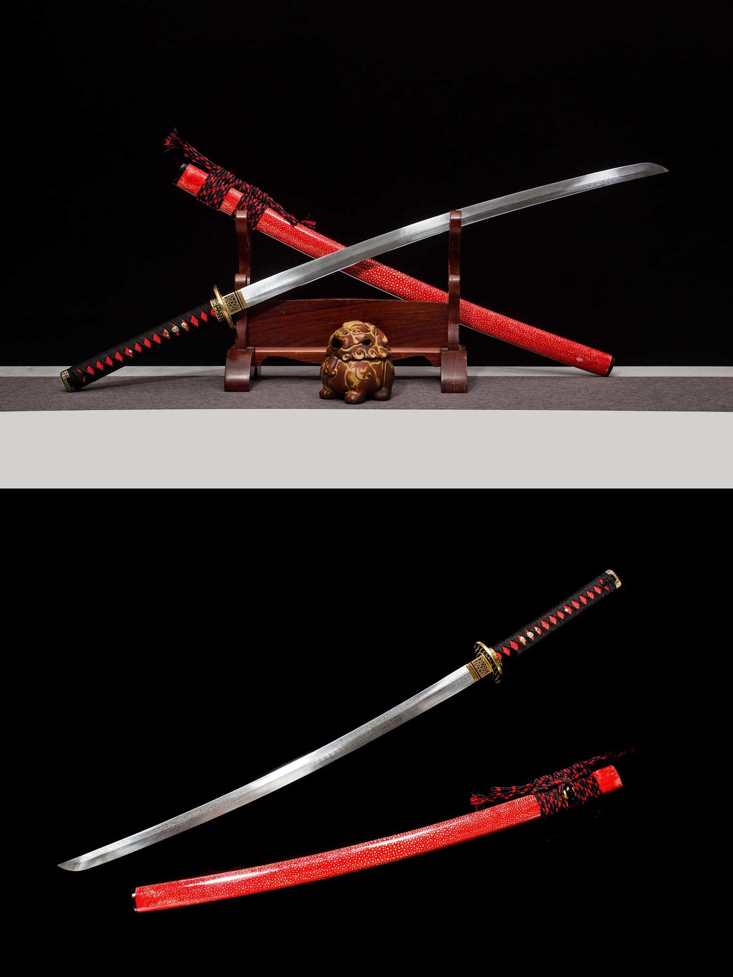 Kotesugiri Katana – 41.3″ Feather-Pattern Damascus, Brass Fittings & Faux Rayskin Saya