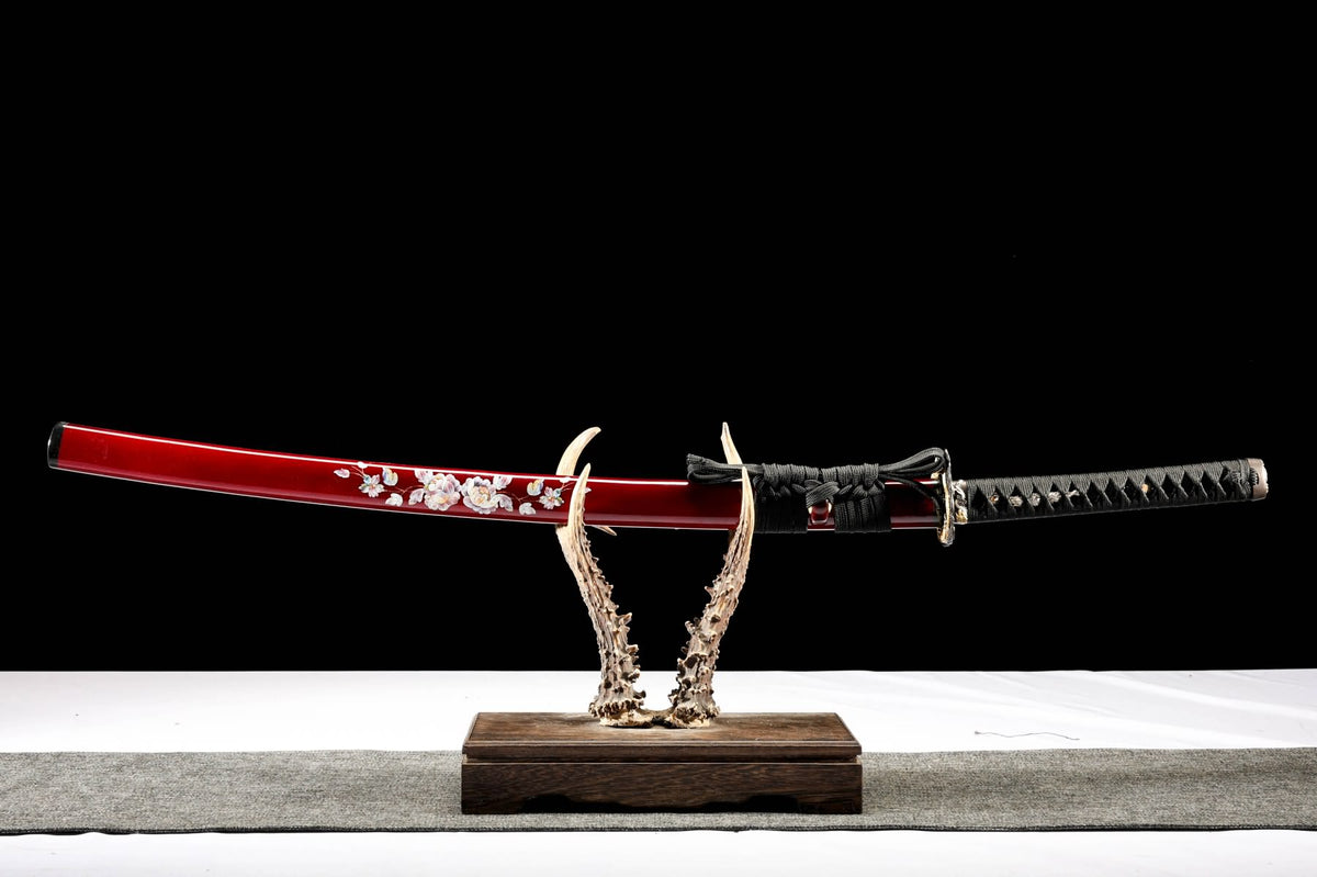 Purple Feather-Pattern Katana – T10 Folded Steel with Gilded Copper Fittings