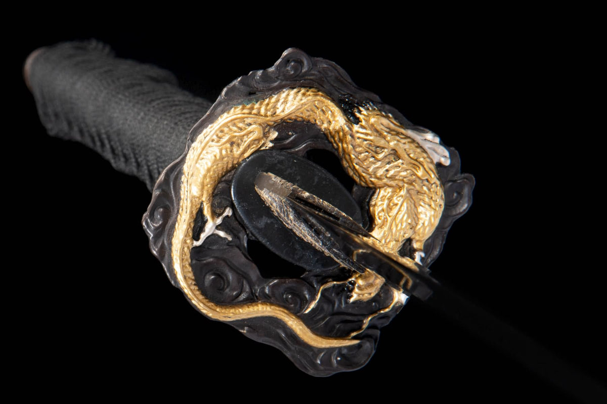 Purple Feather-Pattern Katana – T10 Folded Steel with Gilded Copper Fittings