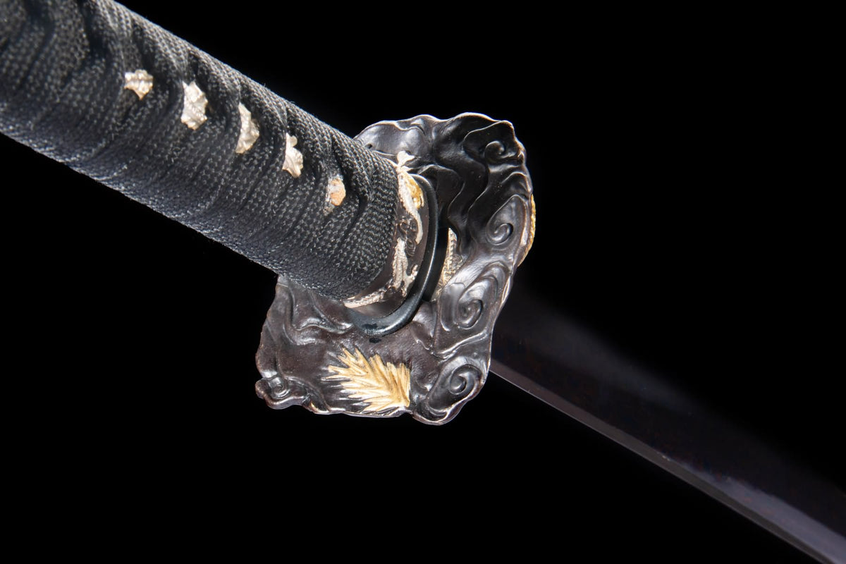 Purple Feather-Pattern Katana – T10 Folded Steel with Gilded Copper Fittings