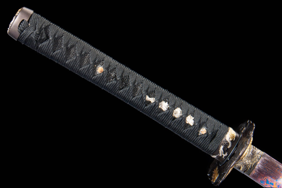 Purple Feather-Pattern Katana – T10 Folded Steel with Gilded Copper Fittings