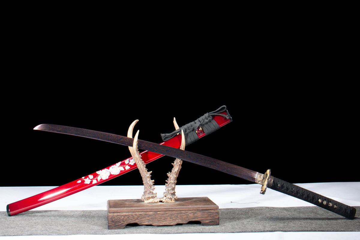 Purple Feather-Pattern Katana – T10 Folded Steel with Gilded Copper Fittings