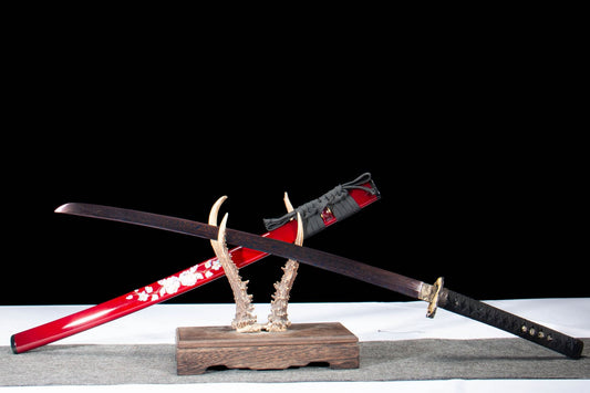Purple Feather-Pattern Katana – T10 Folded Steel with Gilded Copper Fittings