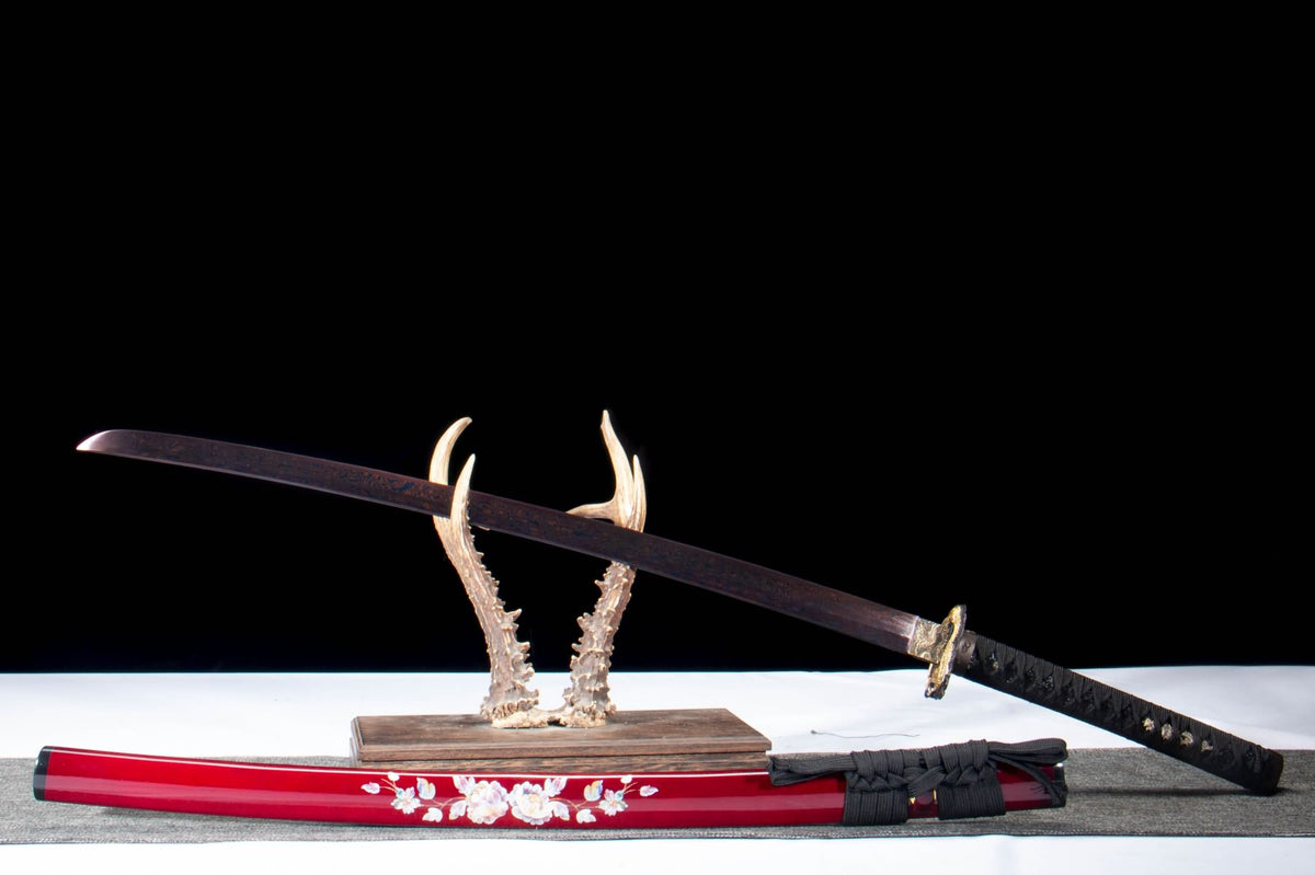 Purple Feather-Pattern Katana – T10 Folded Steel with Gilded Copper Fittings