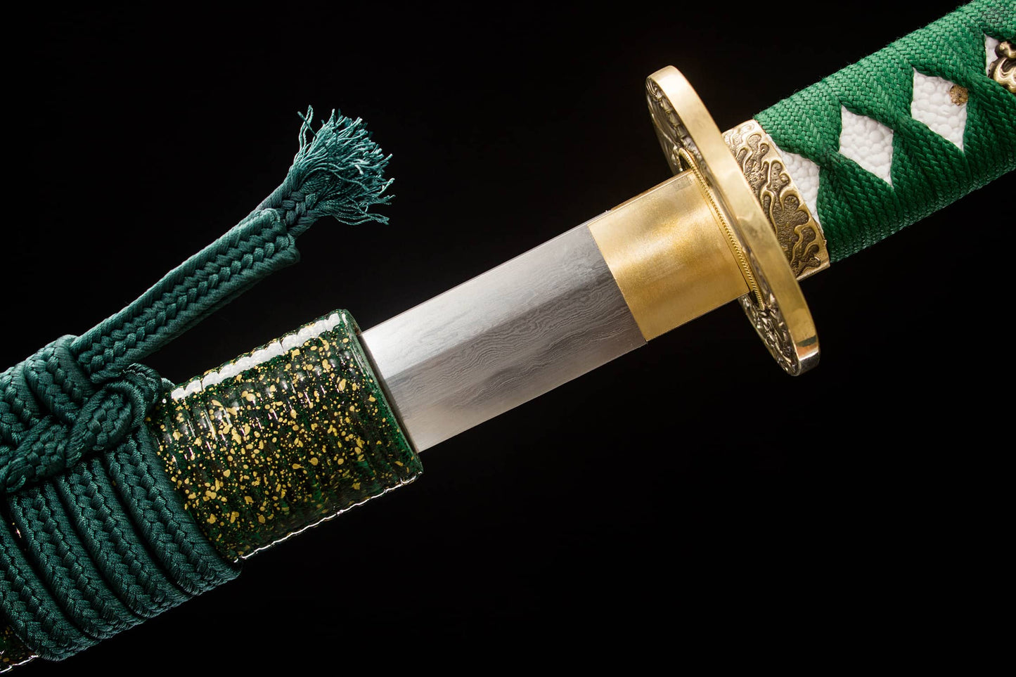 Damascus Hamon Katana – 41.1″ Pattern-Steel Blade, Green Tsuka & Amber Lacquer Saya