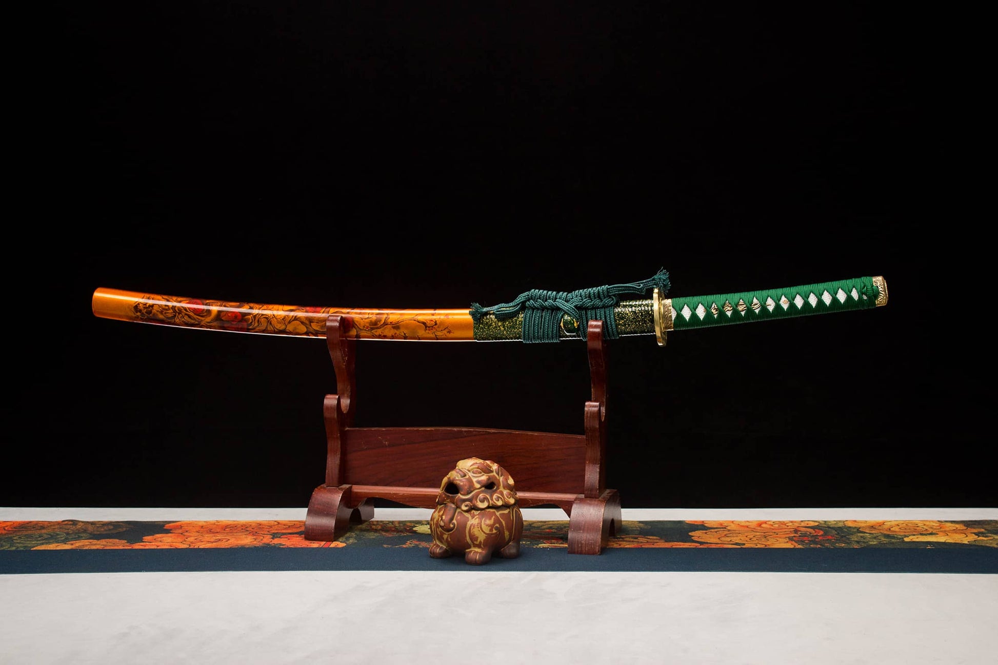 Damascus Hamon Katana – 41.1″ Pattern-Steel Blade, Green Tsuka & Amber Lacquer Saya