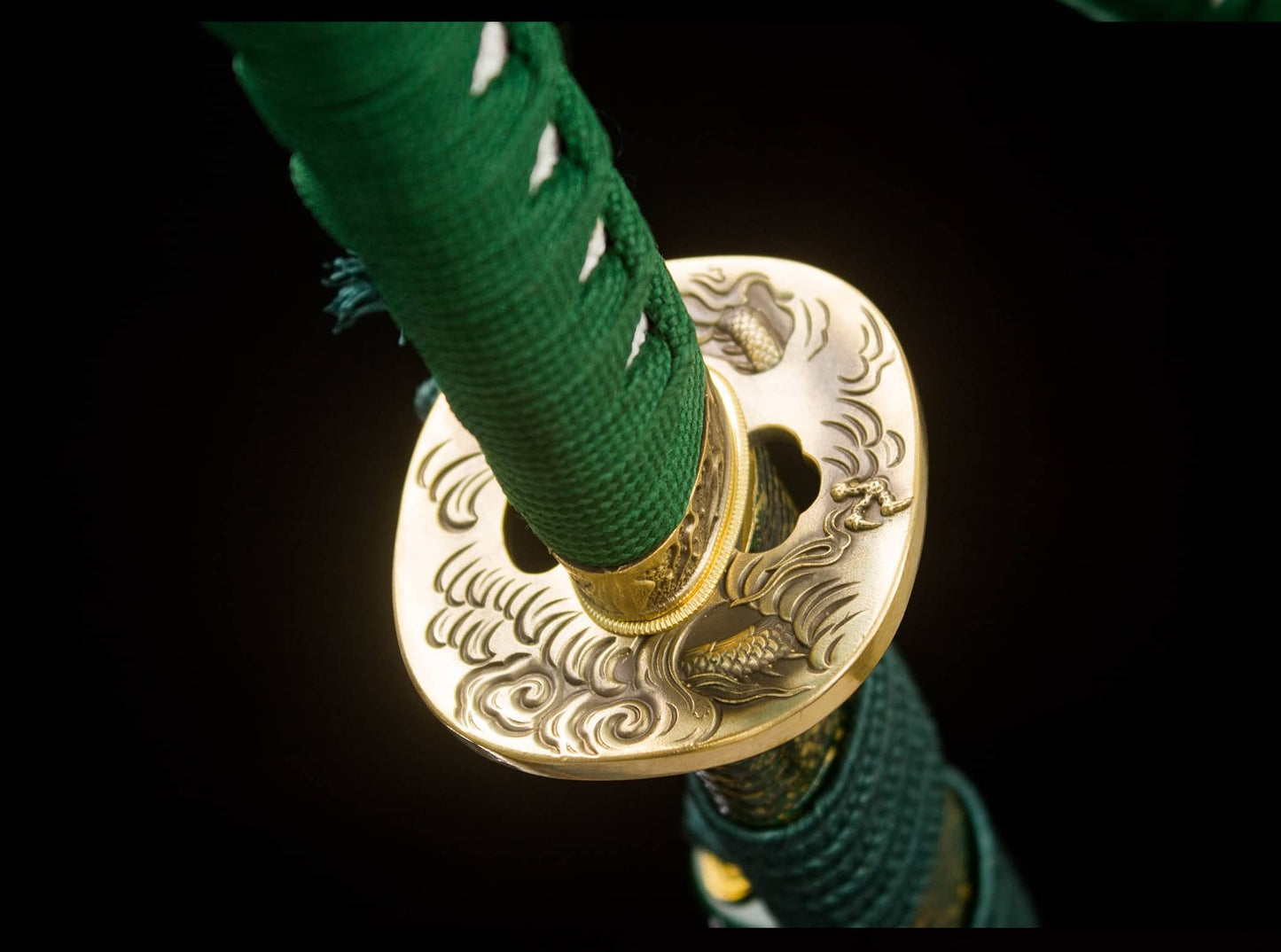 Damascus Hamon Katana – 41.1″ Pattern-Steel Blade, Green Tsuka & Amber Lacquer Saya