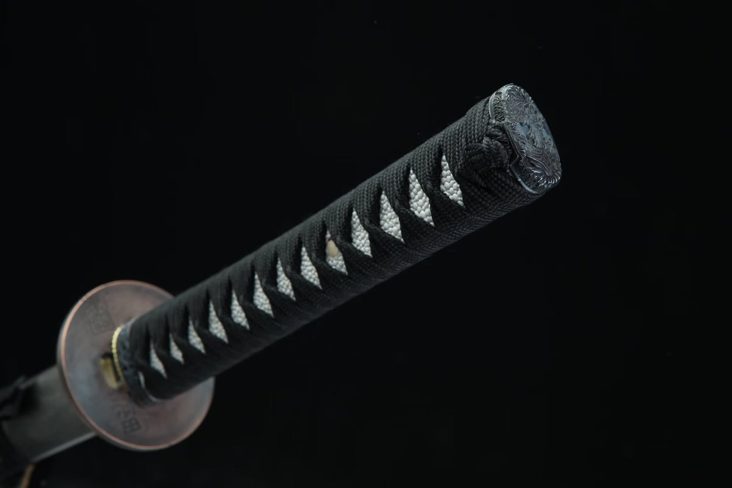 Engraved Iron-Saya Katana — 28.3″ High-Carbon Blade, Antique Copper Fittings, Hand-Wrapped Tsuka