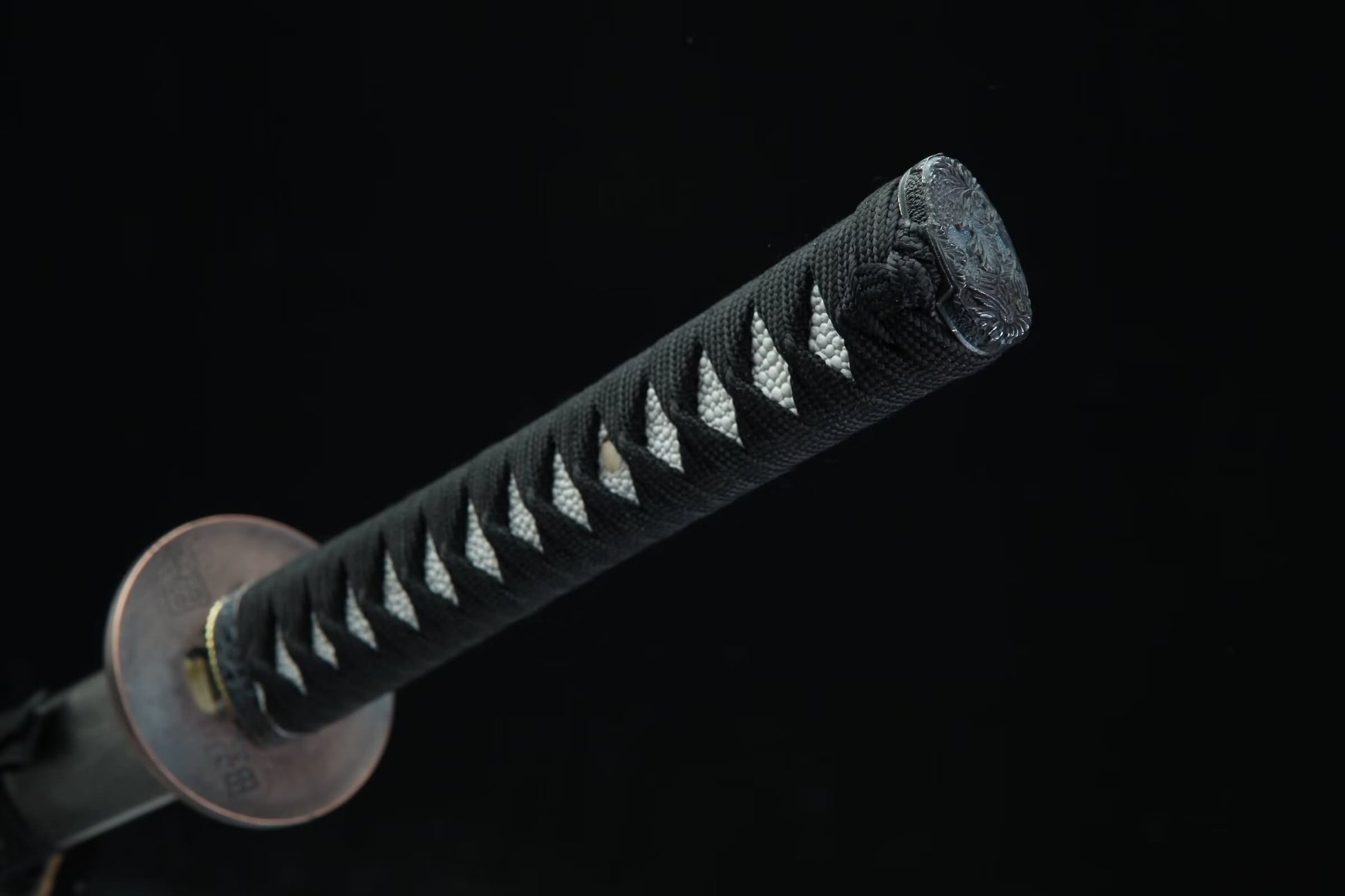 Engraved Iron-Saya Katana — 28.3″ High-Carbon Blade, Antique Copper Fittings, Hand-Wrapped Tsuka