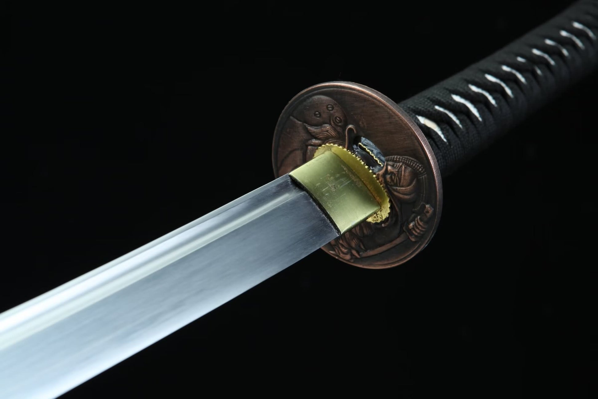 Engraved Iron-Saya Katana — 28.3″ High-Carbon Blade, Antique Copper Fittings, Hand-Wrapped Tsuka