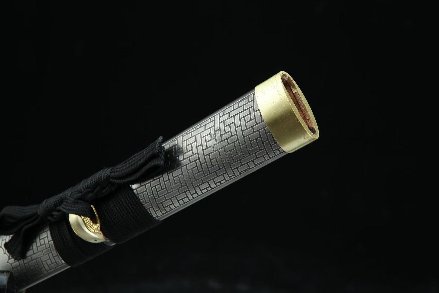 Engraved Iron-Saya Katana — 28.3″ High-Carbon Blade, Antique Copper Fittings, Hand-Wrapped Tsuka