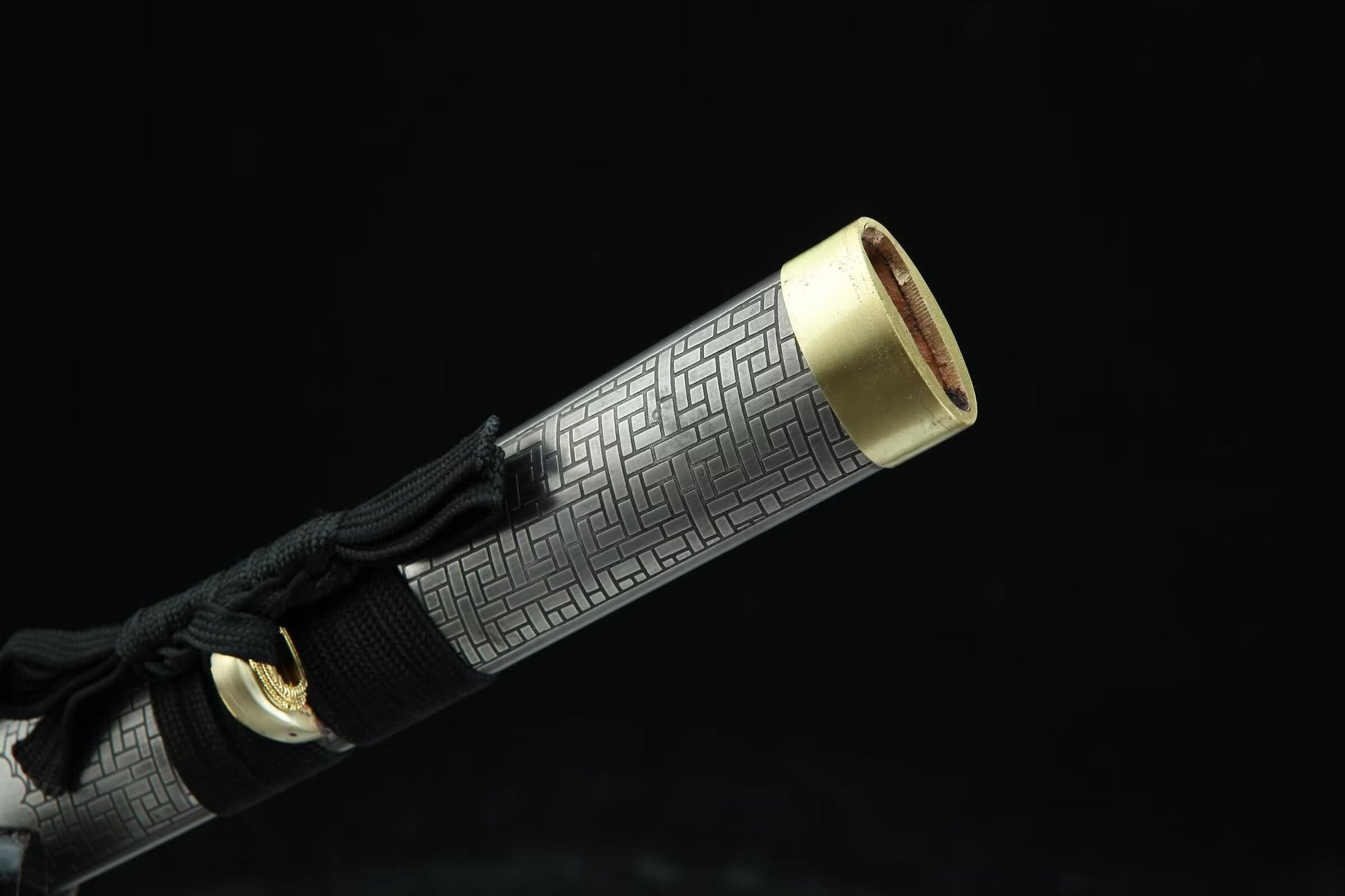 Engraved Iron-Saya Katana — 28.3″ High-Carbon Blade, Antique Copper Fittings, Hand-Wrapped Tsuka