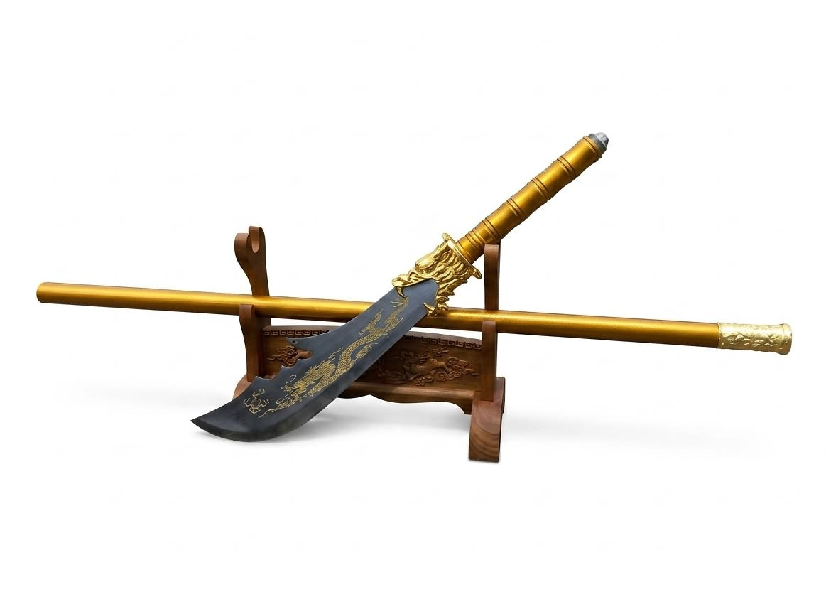 Chinese Guandao – High Manganese Steel Guan Dao with Golden Metal Pole, Dragon Fittings and 17.7-Inch Crescent Blade