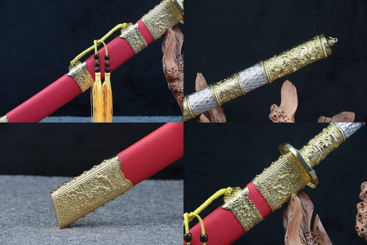 Detail montage of the ornate Kangxi Dao handle, gold-tone fittings and red faux-leather scabbard