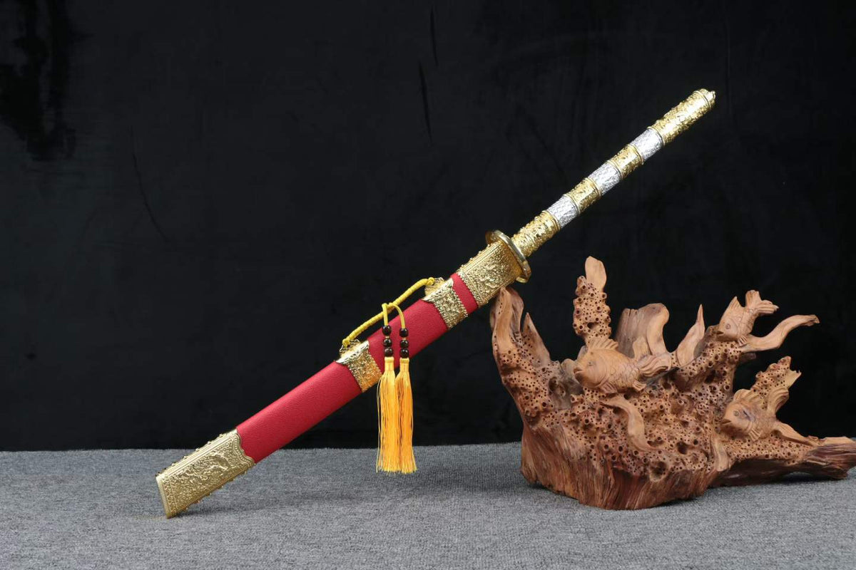 Kangxi Dao sheathed in a red faux-leather-wrapped wooden scabbard with gold-tone fittings; wood stand not included