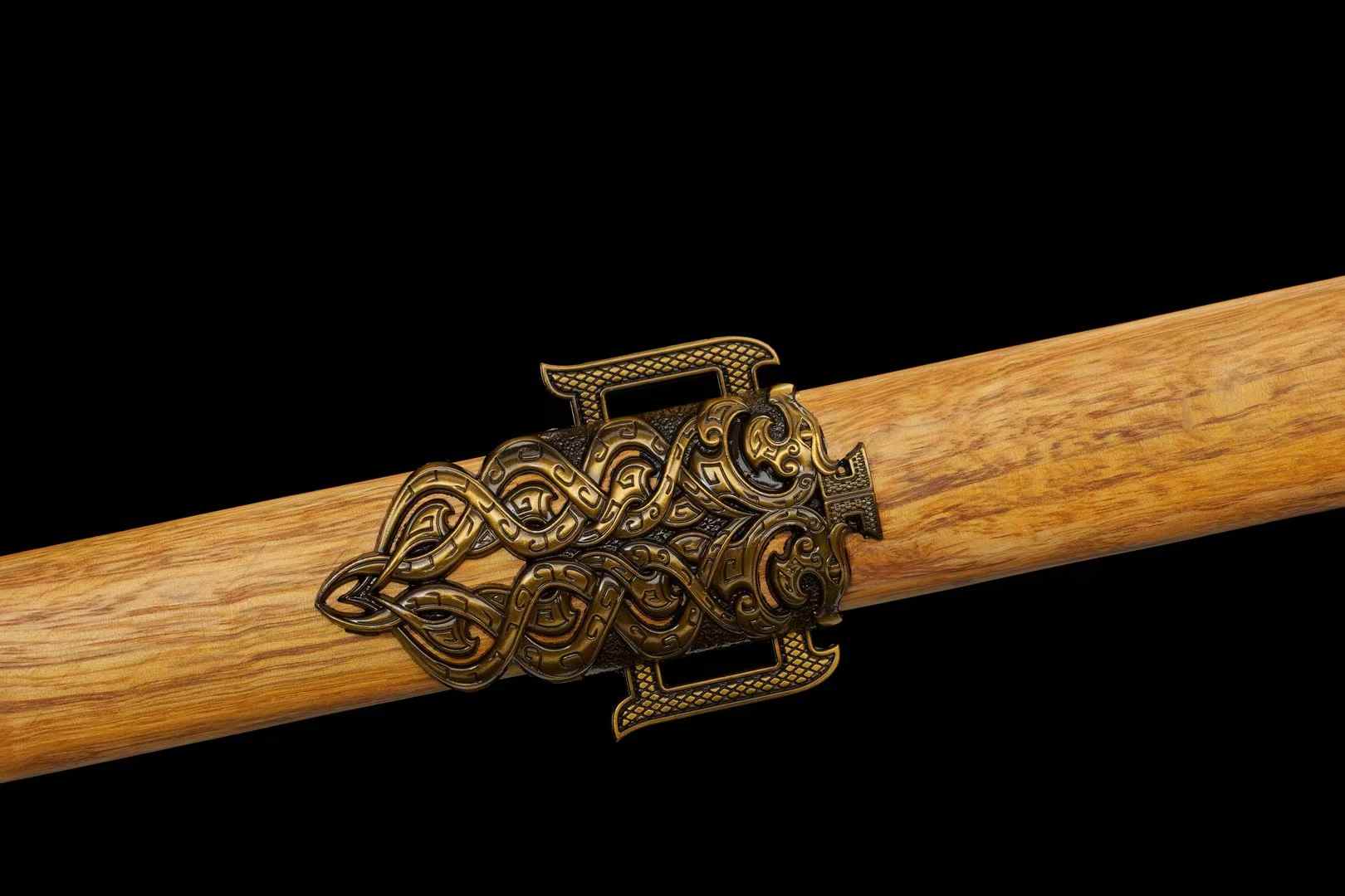 Longfeng tan wood scabbard with ornate antique-bronze-tone alloy ornament