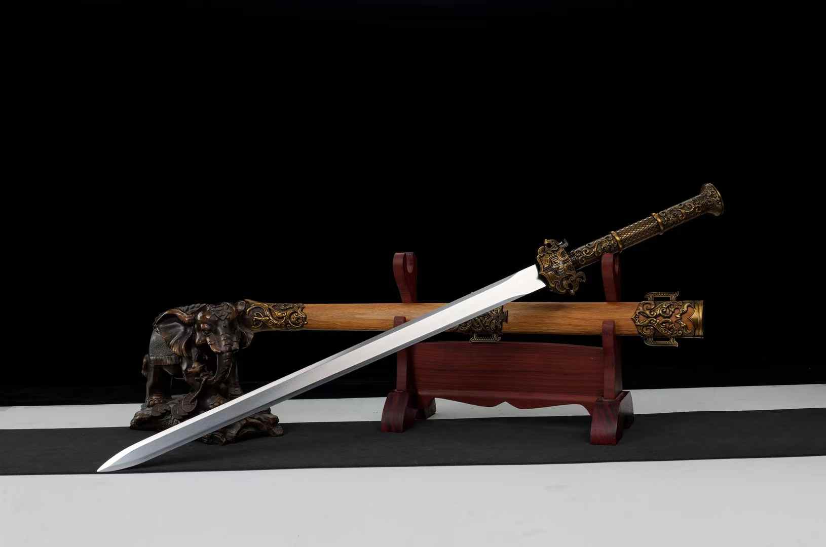 Longquan Yue King Jian sword with ornate alloy fittings and Longfeng tan wood scabbard