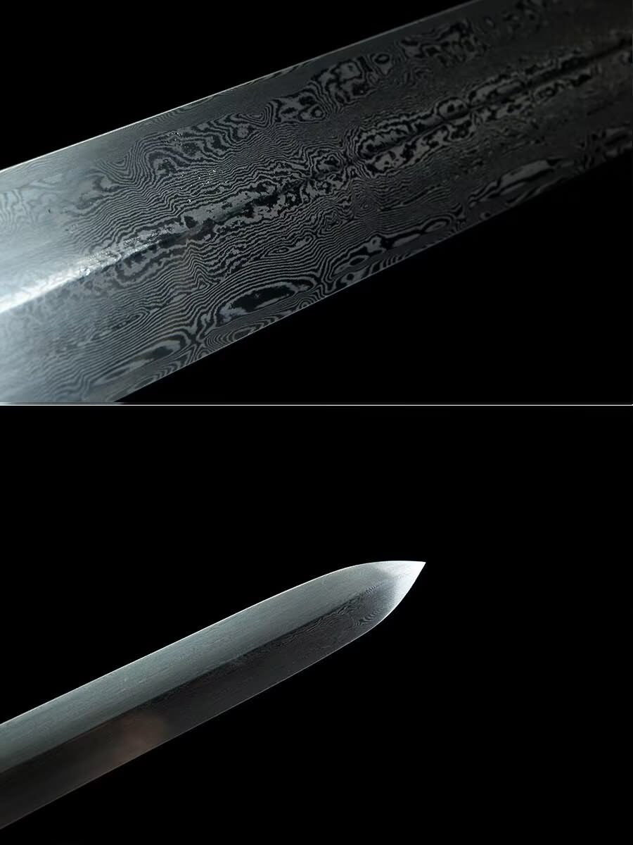 Detail collage showing the layered-looking steel pattern and tapered blade tip of the Longyao Tai Chi Jian