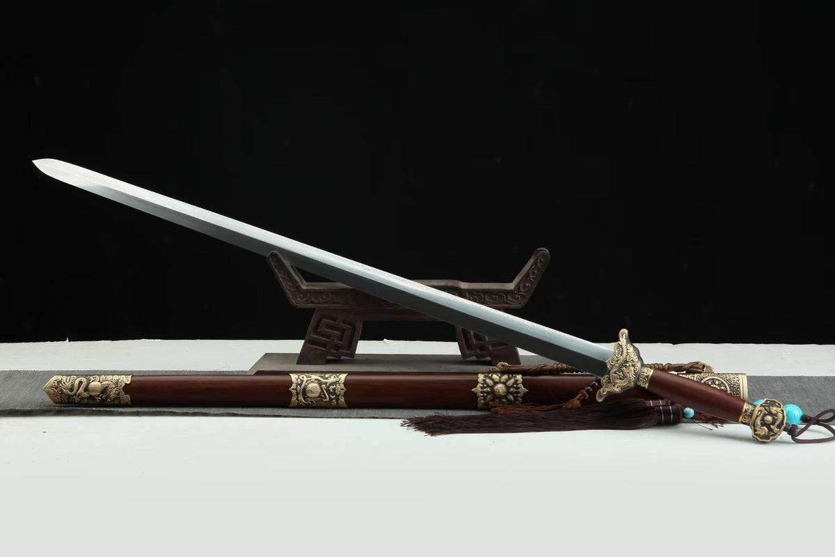 Longyao Tai Chi Jian with a straight patterned blade, reddish-brown wooden scabbard and ornate brass fittings; display stand not included