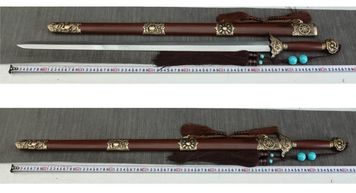 Longyao Tai Chi Jian shown sheathed and unsheathed beside a metric measuring tape