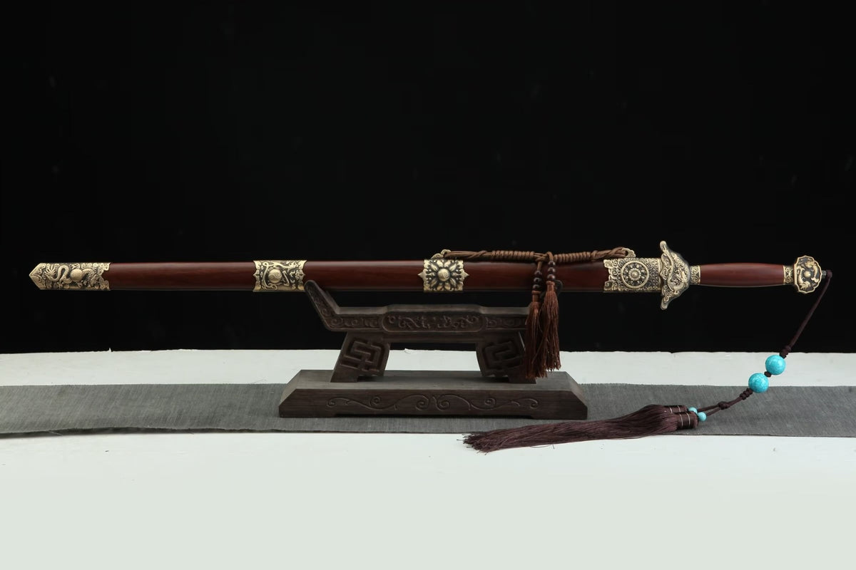 Longyao Tai Chi Jian sheathed in a reddish-brown wooden scabbard with dragon and Yin-Yang brass decoration; stand not included