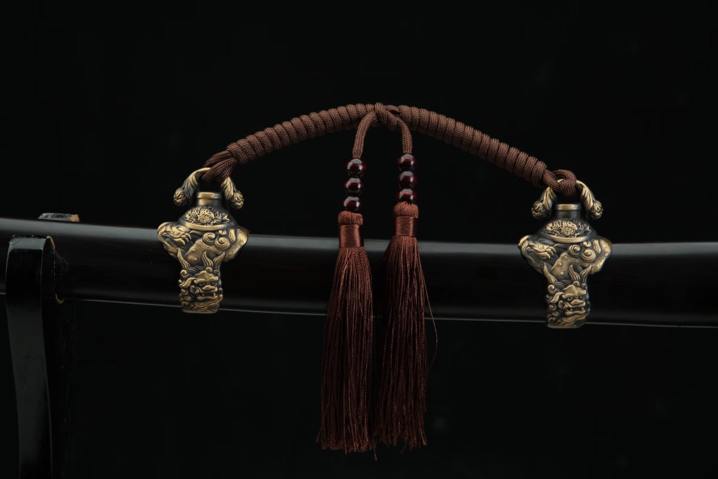 Folded Damascus Tachi — 28.7″ Blade, Ebony Saya, Carved Copper Fittings