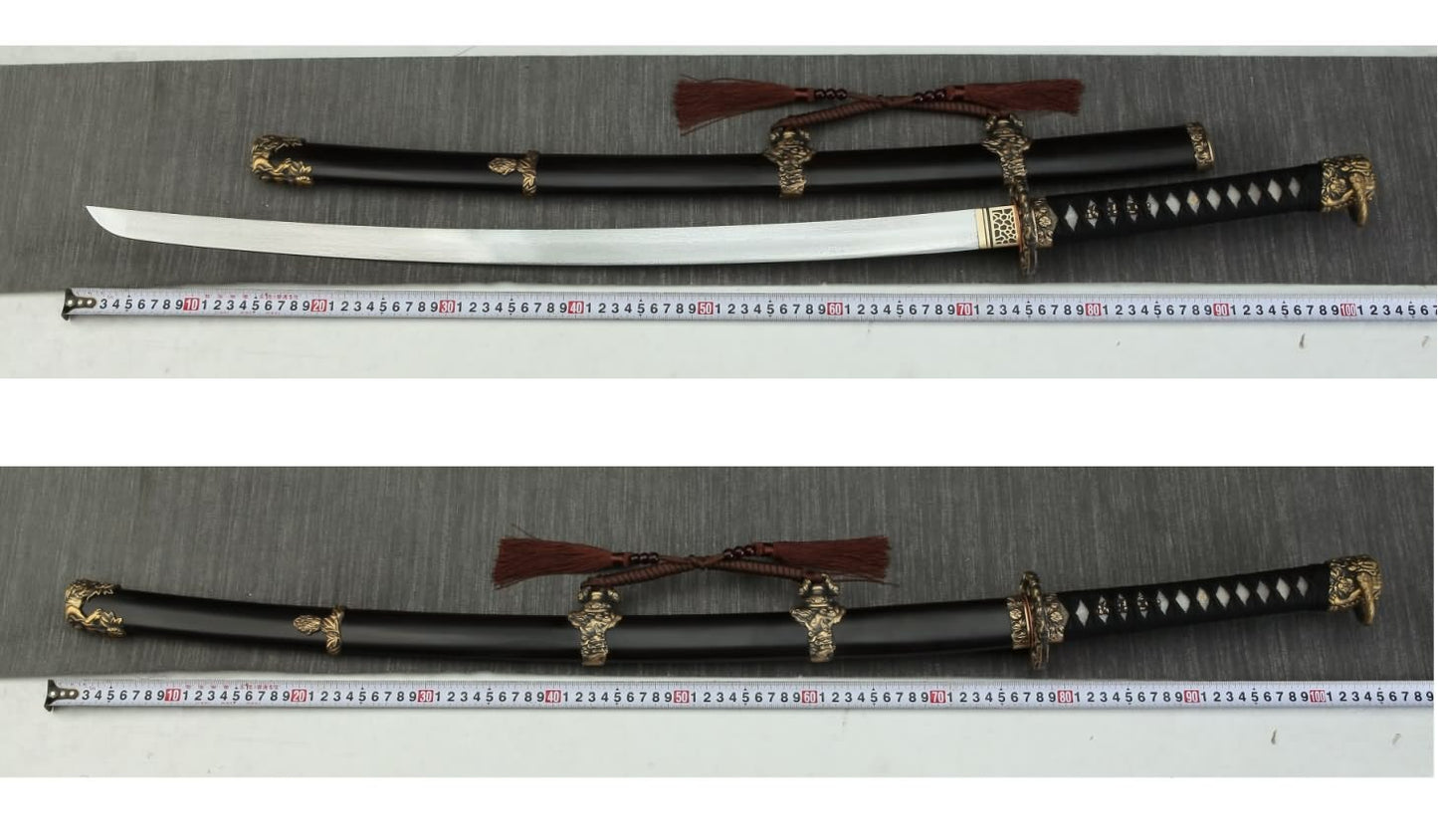 Folded Damascus Tachi — 28.7″ Blade, Ebony Saya, Carved Copper Fittings