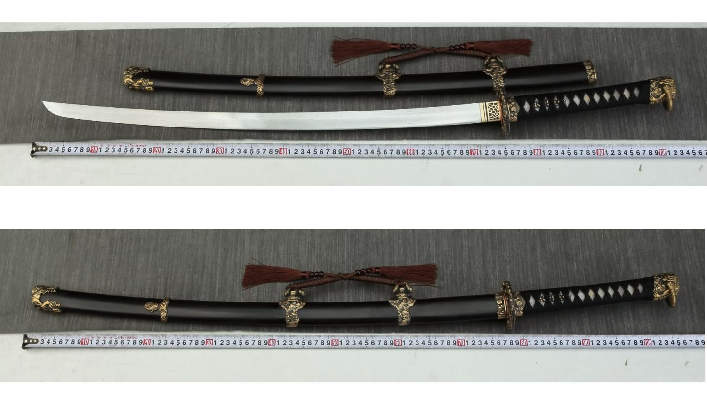 Folded Damascus Tachi — 28.7″ Blade, Ebony Saya, Carved Copper Fittings