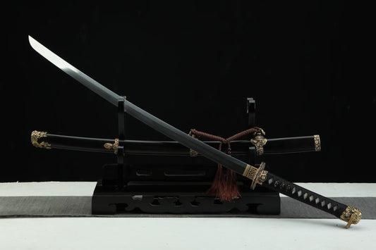 Folded Damascus Tachi — 28.7″ Blade, Ebony Saya, Carved Copper Fittings