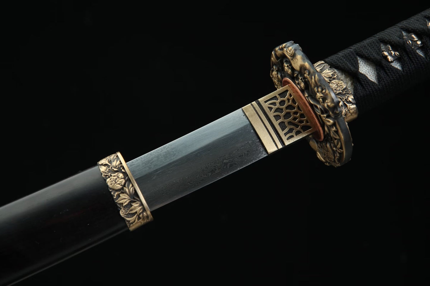 Folded Damascus Tachi — 28.7″ Blade, Ebony Saya, Carved Copper Fittings