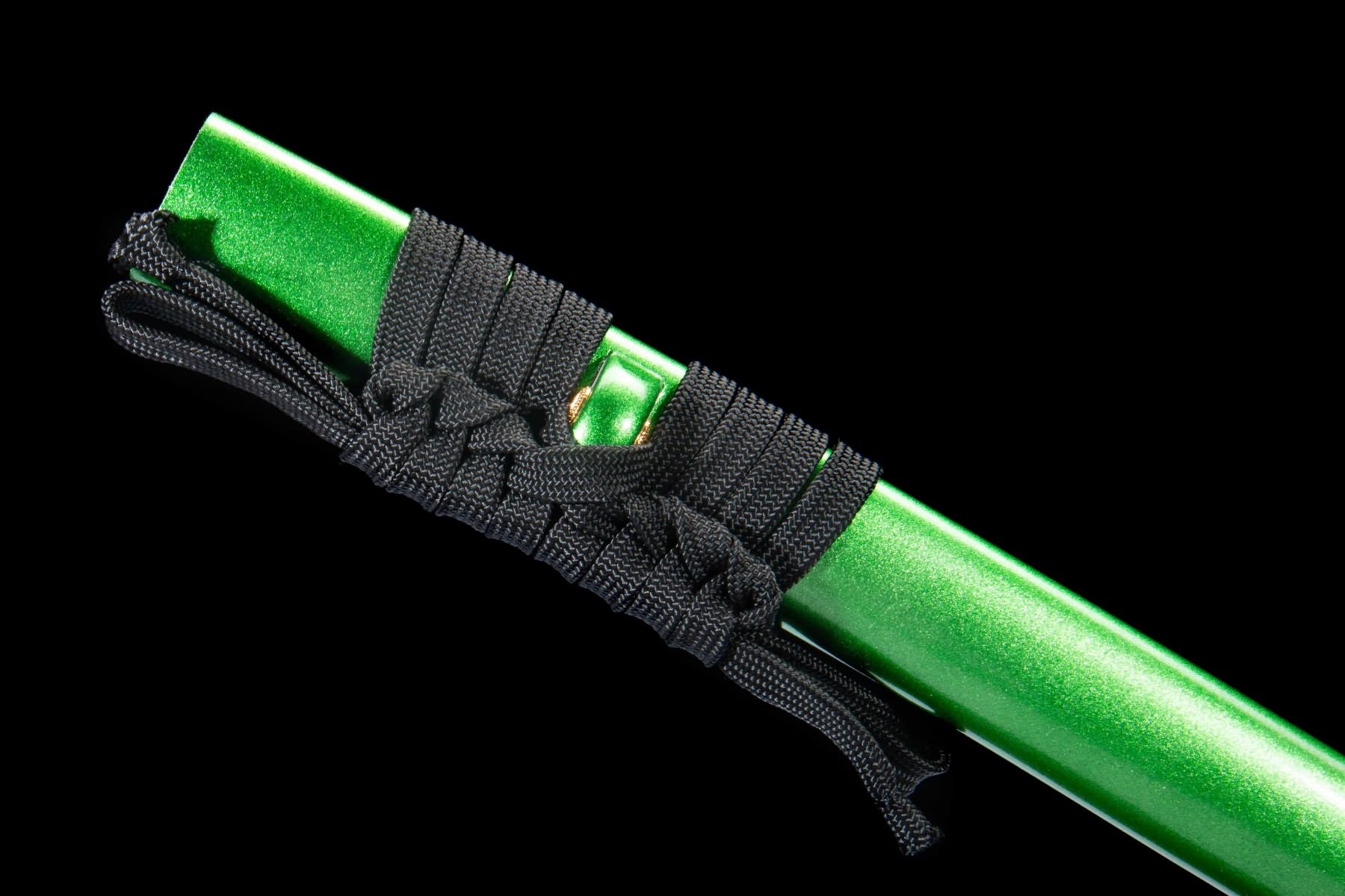 Black sageo tied around green lacquered katana scabbard