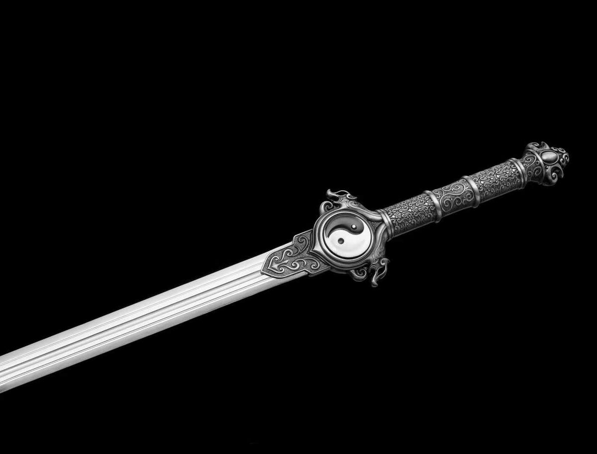 Qingfeng Jian polished blade and sculpted silver-tone guard with a black and white Yin-Yang motif