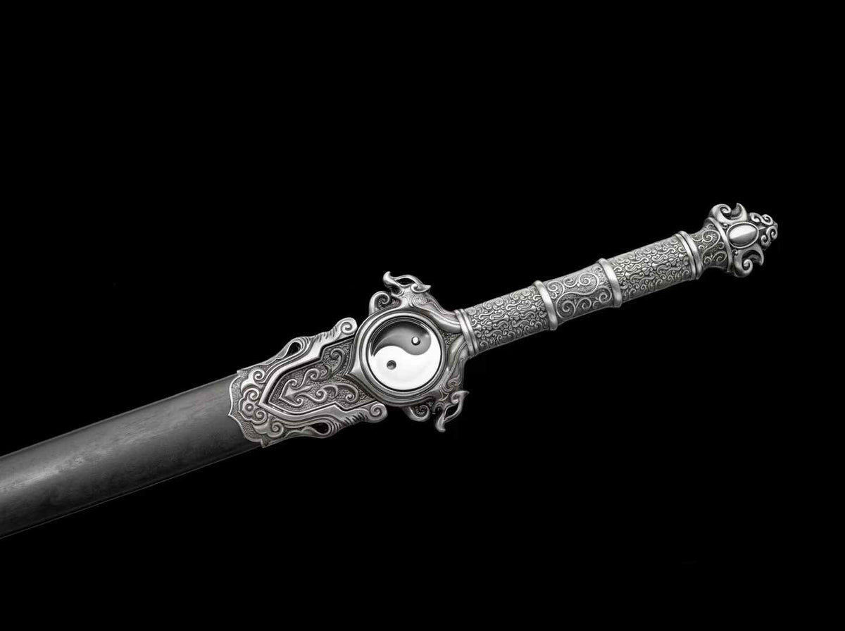 Textured alloy handle and Yin-Yang guard of the Qingfeng Jian with ornamental silver-tone fittings