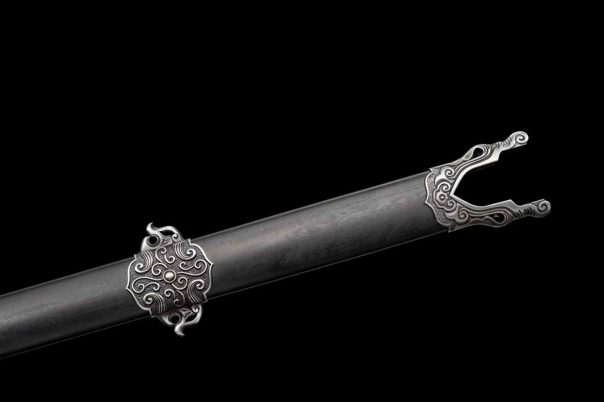 Dark wooden Qingfeng Jian scabbard with decorative silver-tone alloy center and end fittings