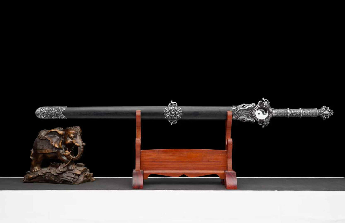 Qingfeng Jian sheathed in a dark wooden scabbard with silver-tone alloy fittings; display props not included